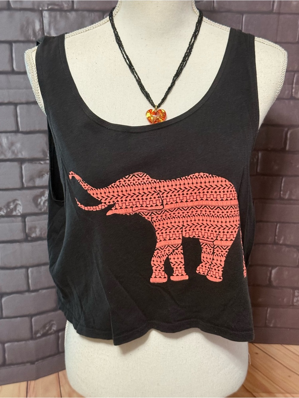 SUPRE Black Crop Tank with Coral Elephant Print